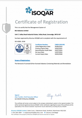 ISO 45001: 2018 - Certificate of registration of the Management System for the removal of licensed and non-licensed asbestos containing materials and remediation